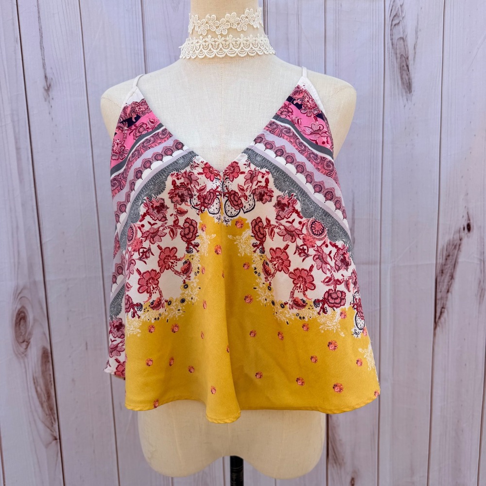 Intimately Free People Yellow Pink Floral Paisley Cami Top Small Boho V-Neck